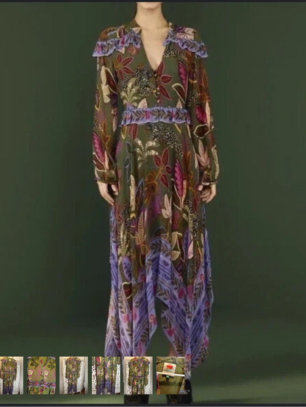 FARM Rio Olive Green Floral Midi Dress with Purple Accents